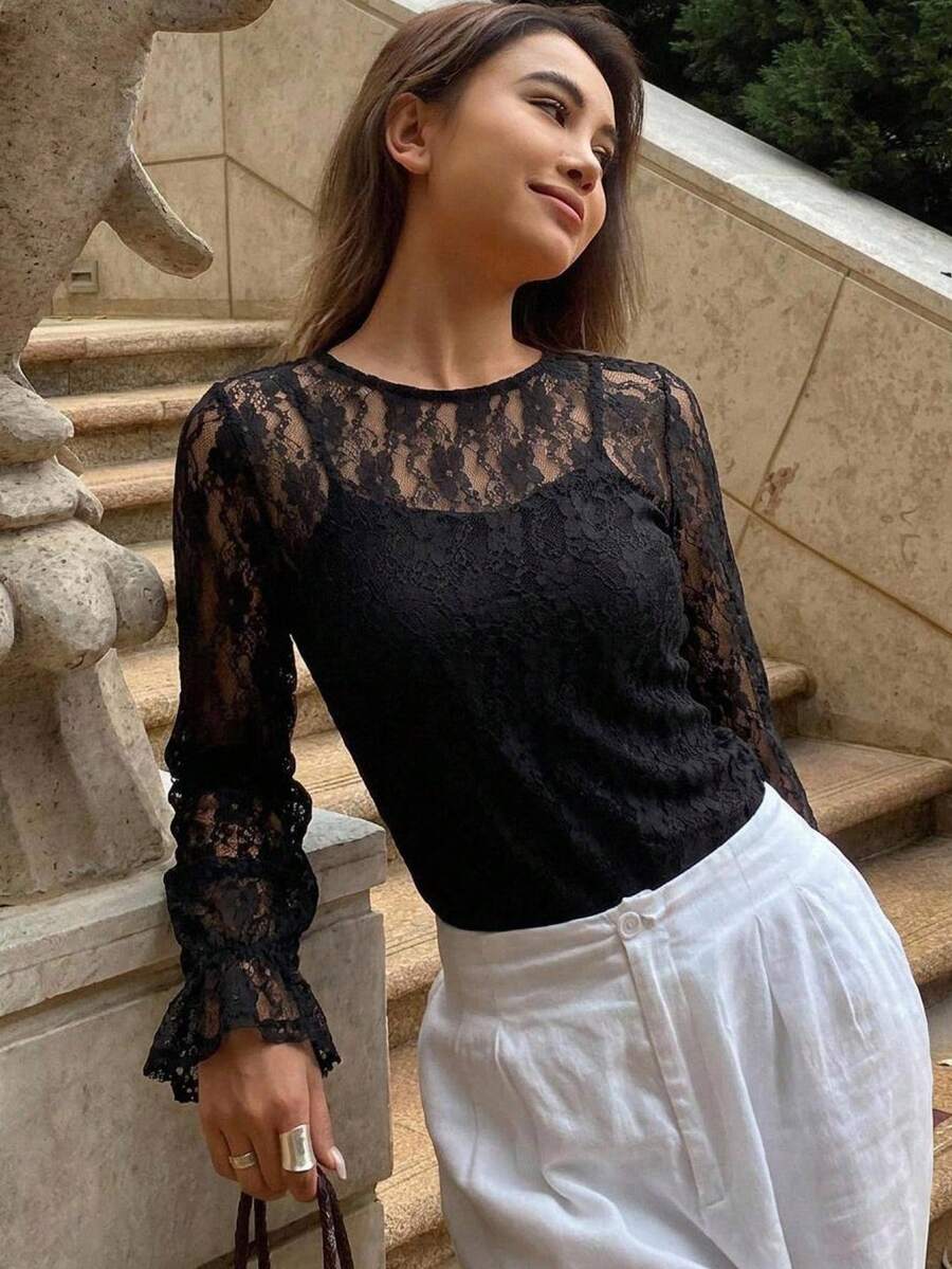 FRIFUL Women's Apricot Loose Sheer Lace Camisole With Flare Sleeves, Spring/Summer Going Out Tops Long Sleeve Tops - Black - View 1