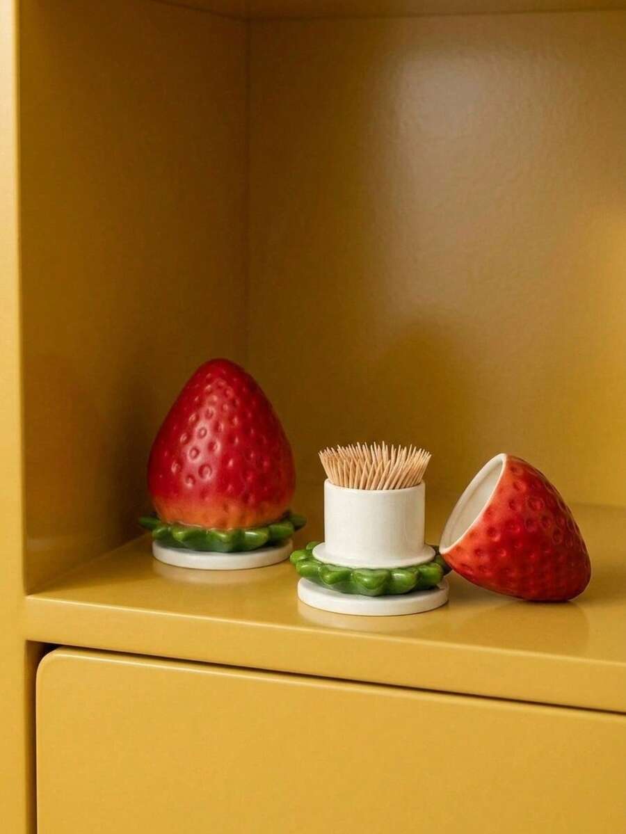 Joivida Strawberry-Shaped Toothpick Holder . It Serves As A Practical Storage Container For Toothpicks And Cotton Swabs, Paired With A Matching Base. The Cute Fruit-Shaped Design Works As A Delicate Decorative Ornament Toothpicks Will Be Sent For Free. - View 1
