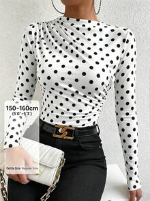 SHEIN PETITE Black Pleated Long Sleeve Women's Top - Black and White - View 3