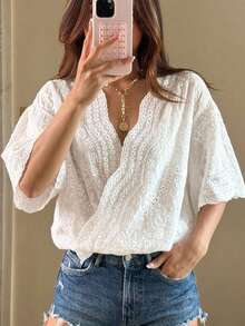 FRIFUL Women's Burnout Embroidered Overlap V-Neck Drop Shoulder Loose Blouse Summer - White - View 12