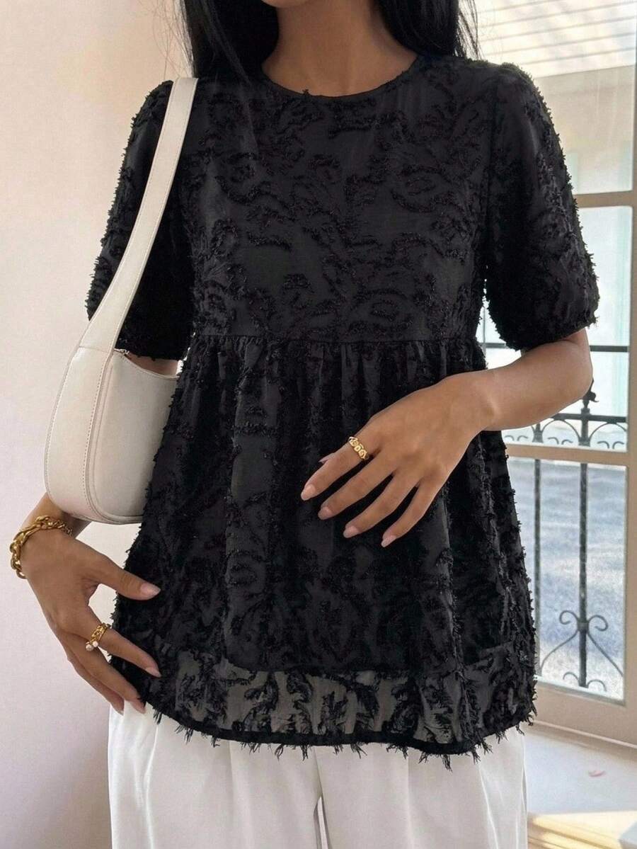FRIFUL Women's Fashion Round Neck Loose Fit Babydoll Blouse Summer - Black - View 1