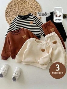 SHEIN 新生兒圓領熊圖案休閒日常長袖上衣 3件/套 - 彩色 - 查看 1