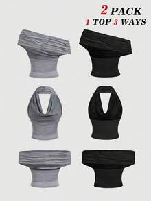 SHEIN MOD 2件組 3種穿法女款休閒純色修身上衣，C - 淺灰色 - 查看 2