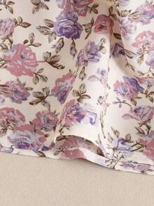SHEIN 女童寬鬆休閒刺繡飾邊拼接紫色花卉梭織長袖蝴蝶結居家服淺紫色秋冬套裝 - 淡紫色 - 查看 5
