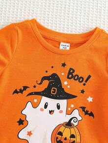 SHEIN 2pcs Baby Boy Summer Winter Halloween Cute Cartoon Pattern Short Sleeve Shorts Set, Pumpkin Set, Halloween Set, Infant Set, Orange Set, T-Shirt Set - Multicolor - View 7