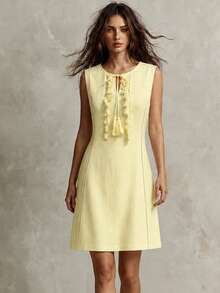 Franclia Women's Solid Color Round Neck Sleeveless Tassel Tie-Up Summer Mini Dress Golf Pastal Sexy - Yellow - View 1