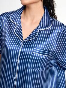 Slumbrini Set Pakaian Tidur Kardigan Berkerah Garis-Garis Sutra Imitasi, Ukuran Besar - Navy Blue - View 6