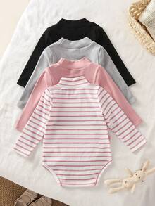 SHEIN Vintaside Kids 嬰兒幼兒秋冬半高領內搭套裝，寶寶內著/外著長袖黑色、粉色、灰色、條紋內衣與上衣4件套，柔軟親膚四季百搭款 - 彩色 - 查看 2