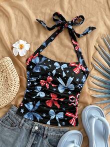 SHEIN SXY Tank Top Crop Ketat Kasual dengan Tali Pengikat di Depan untuk Wanita, Musim Panas - MultiWarna - View 1
