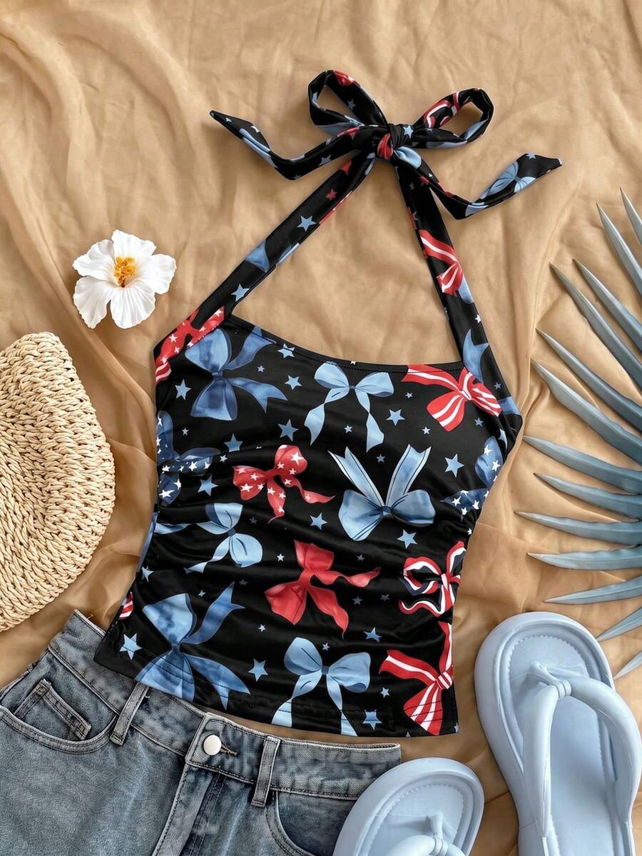 SHEIN SXY Tank Top Crop Ketat Kasual dengan Tali Pengikat di Depan untuk Wanita, Musim Panas - MultiWarna - View 1