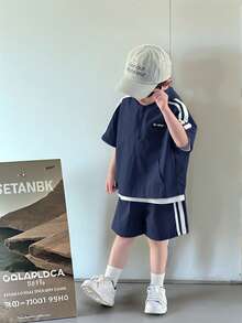 SHEIN 2 件套年轻男孩休闲学院风连帽衫和短裤套装，舒适、百搭、实用的绿色服装，适合春夏季日常、运动、户外、学校、聚会、节日、拍照 - 藏蓝色 - 查看 4