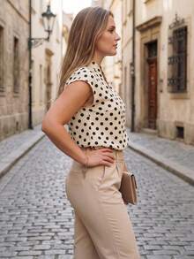 Linhara CURVE Plus Size Women's Vintage Polka Dot Print Stand Collar Sleeveless Loose Slimming Fashion Versatile Commute Daily Blouse - Multicolor - View 8