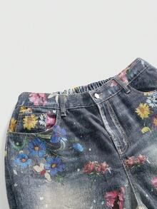 ROMWE Fairycore Celana Jeans Kasual Serbaguna untuk Pemakaian Sehari-hari dengan Kancing Motif Bunga untuk Wanita Ukuran Besar - Biru - View 3