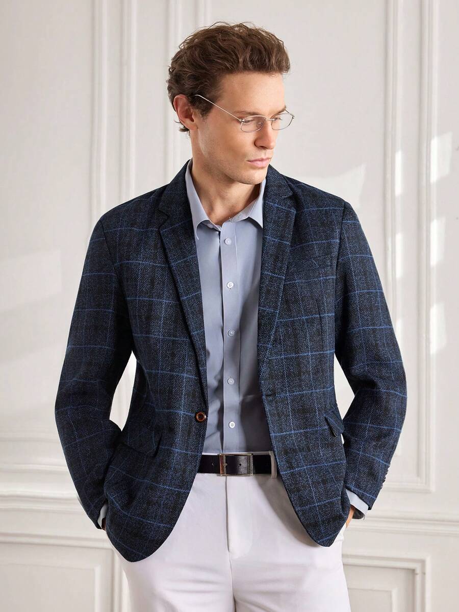 Officeau Men's Retro Plaid Business Casual Blazer, Classic For Commuting - Royal Blue - View 1