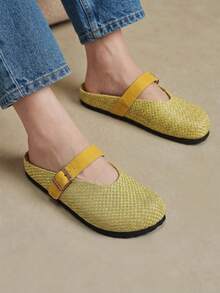 Solecia Women Shoes Woven Linen Closed Toe Single Buckle Flat Bottom Comfortable Leisure Vacation Wind Yellow Ladies Slouchy Shoes Travel Daily Wear - Yellow - View 2