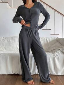 DAZY 女款純色單排扣長袖上衣與長褲休閒居家睡衣套裝 - 深灰色 - 查看 8