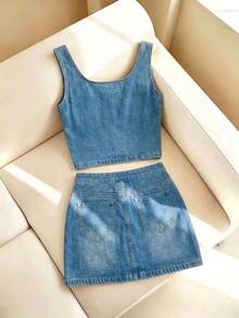 Resyla Leopard Print Denim Effect Tank Top & Skirt 2 Pieces Set - Multicolor - View 2