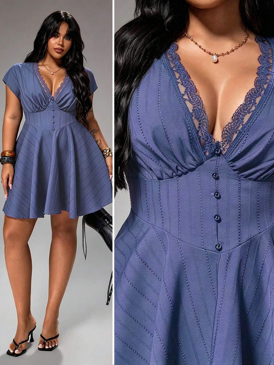 Rustia Summer Women Outfit Spring Vacation Elegant Sexy New French Sweet Cute Hollow Texture Fabric Contrast Lace Trim Puff Short Sleeve V-Neck Dress - Navy Blue - View 1