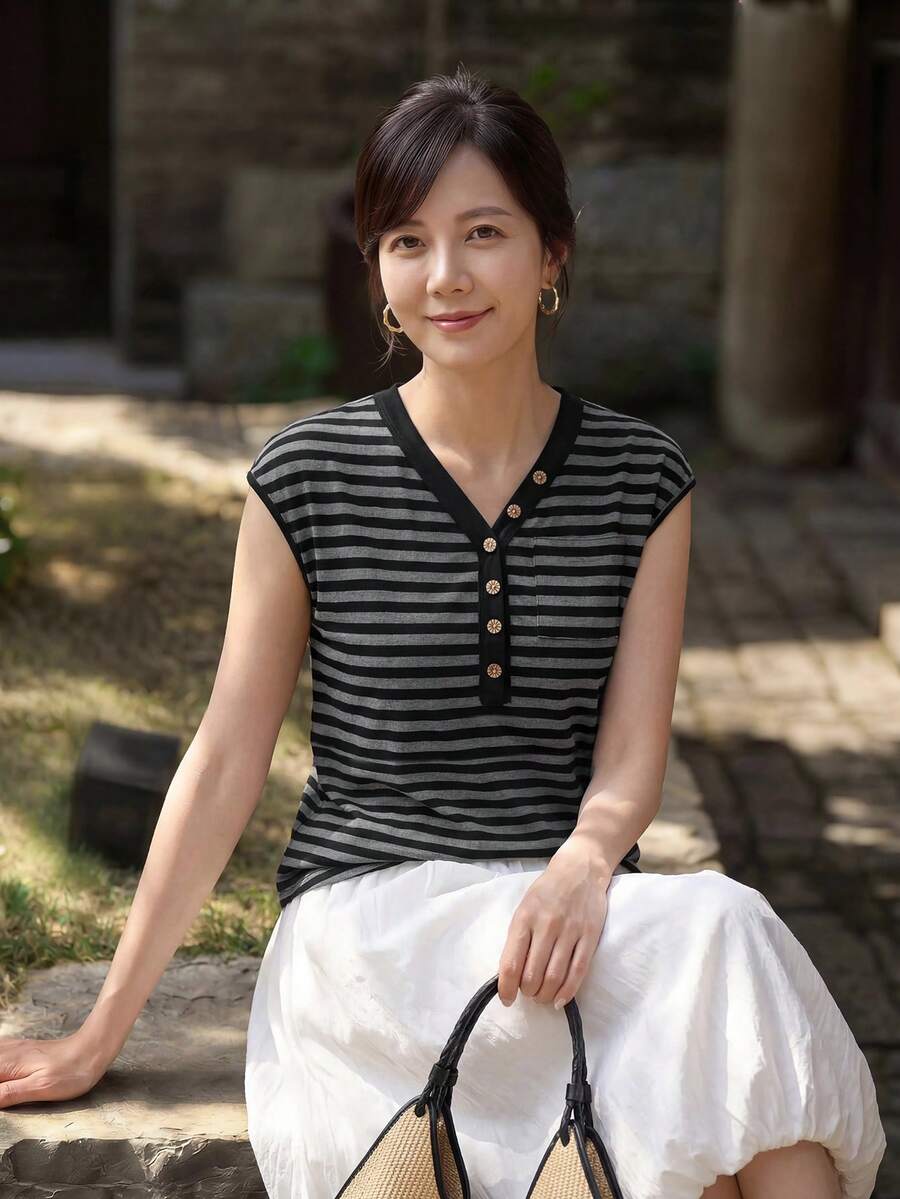 Yumoku 休閒女款夏季條紋T恤 - 彩色 - 查看 1