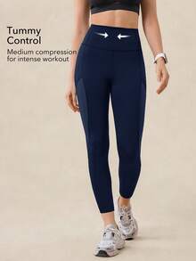 OutZeal Women Outdoor Blue Leggings Solid Color Running Gym Yoga Quick-Dry Tummy Control High Waist Mesh Panel Spors Pants Summer Spring - Navy Blue - View 2