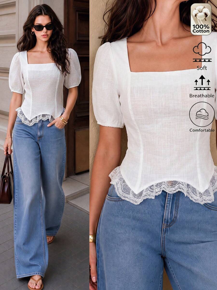 Selenza 女款白色方領蕾絲飾邊修身棉質襯衫,適合春季休閒日常穿著、通勤及秋季辦公室使用 - 白色 - 查看 1