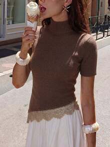 Serisse Women's Elegant Lace Patchwork Stand Collar Short Sleeve Knit Top Autumn Winter Layering Slim Fit Knitted Shirt - Brown - View 5