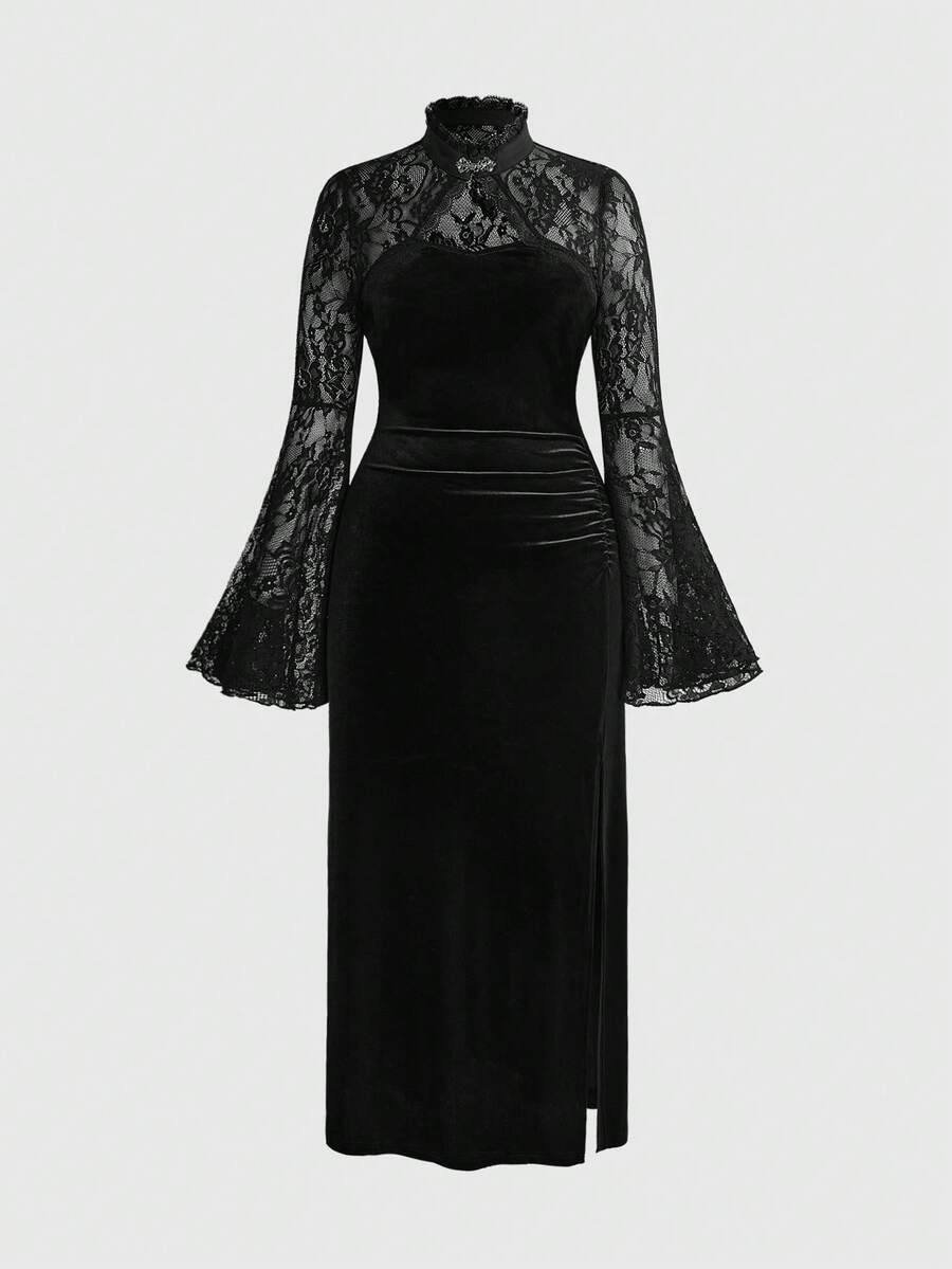 ROMWE Vintage Gothic Plus Size Lace High Neck Velvet Cinched Waist Ruched Slit Slimming Long Sleeve Mermaid Dress Elegant Party Dress - Black - View 1