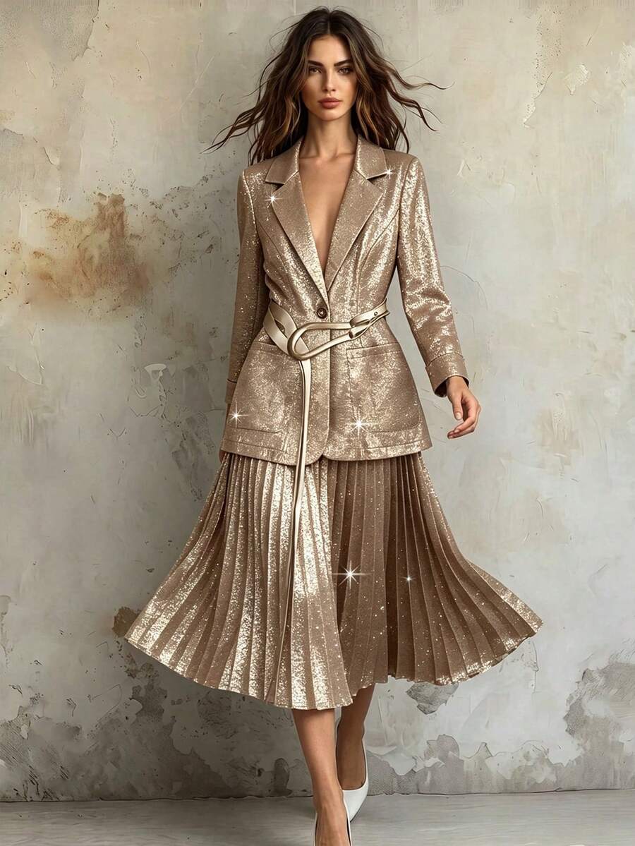 Franclia 女士金色褶皱中长裙和西装外套 2 件套 - 金色 - 查看 1