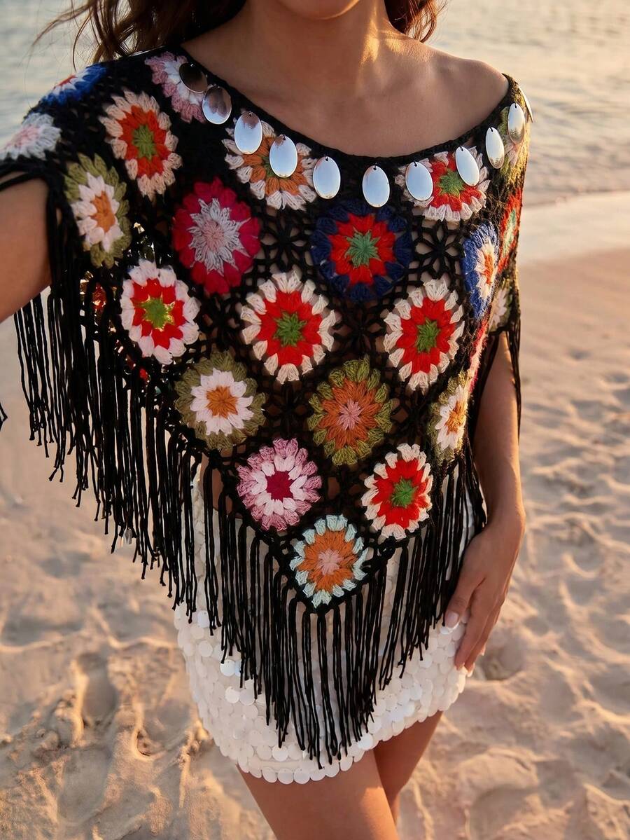 SHEIN Holidaya Women's Vacation Crochet Off-Shoulder Tassel Hem Knit Top (Random Flower Block Color) Beach Black Floral Summer Breezy Sexy - Black - View 1