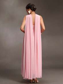 Cheriluna Maternity Elegant Maternity Cape-Style Cinched Waist Flared Regular Dress, Suitable For Family Gatherings, Parties, Birthday Banquets, Spring Festival And Other Occasions - Pink - View 2