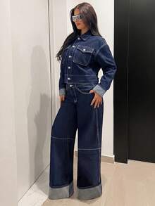 Jeanoix Jaket Denim Kasual Lengan Panjang Kancing Tunggal Ukuran Besar untuk Wanita dengan Kantong Serbaguna - Dark Wash - View 4