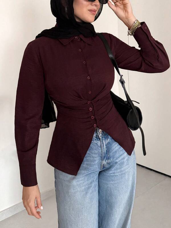 Solavon Women's Casual Elegant Versatile Commute Office Solid Color Waist-Cinching Blouse Teachers' Day Burgundy Autumn