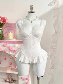PetitDoll 1件女款蕾絲拼接連身內衣 - 白色 - 查看 3