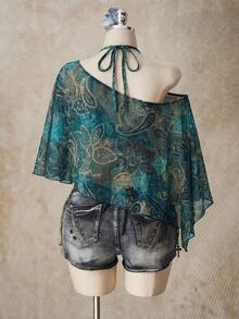 SHEIN ICON 佩斯利花紋大尺碼女款不對稱領蝙蝠袖寬鬆上衣 - 彩色 - 查看 2