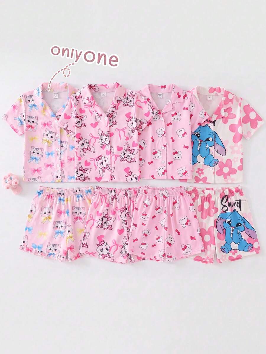 SHEIN 粉色仙女 2 件套少女睡衣套裝,可愛卡通貓蝴蝶結印花翻領短袖鈕扣開襟家居服,家庭套裝度假款 - 粉色 - 查看 1