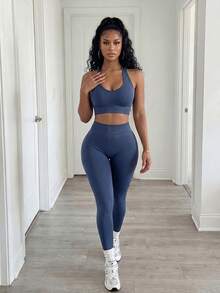 SHEIN BamGlam 女式纯色露背无袖短款修身休闲健身运动服套装 - 霧霾藍 - 查看 4