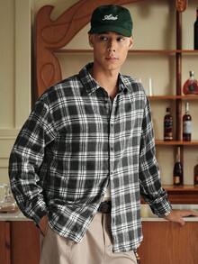 SWAVVY 1pc Ultra Loose Cotton Plaid Print Drop Shoulder Shirt - Black and White - View 5