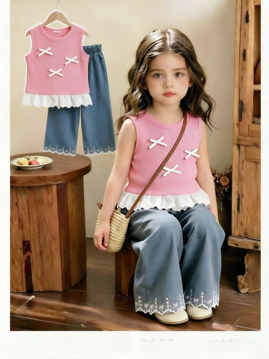 Elladie kids 2件組女孩優雅圓領無袖背心上衣,附3D蝴蝶結與刺繡下擺 + 刺繡喇叭牛仔褲,休閒時尚套裝,適合度假、旅行、派對、生日禮物、夏季 - 粉色 - 查看 1