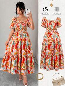 Elenzga Plus Size Women's Square Neck Casual Resort Summer Dress - Multicolor - View 1