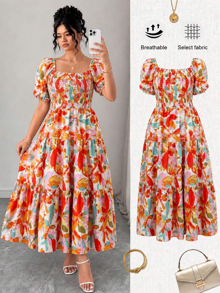 Elenzga Plus Size Women's Square Neck Casual Resort Summer Dress - Multicolor - View 1