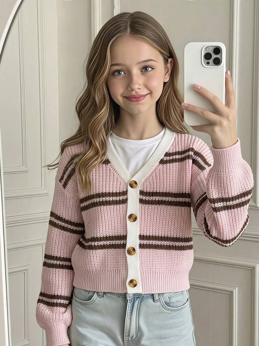 SHEIN Girls' Contrast Color Striped Knit Cardigan, Short Length, Minimalist Sweet & Cool - Multicolor - View 1
