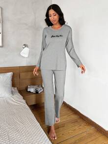 EURMUSE Set homewear con slogan tejido de canalé - Gris - Ver 4