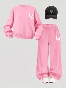 SHEIN 少女休閒「LA」字母印花針織純色寬鬆落肩長袖衛衣與百褶寬腿運動褲套裝，女孩秋季服飾，女孩秋季穿搭，女孩冬季服飾 - 粉色 - 查看 8