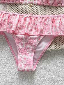 Swim Mod Women's Summer Beach Vacation Sweet And Cute Pink Floral-Textured Ruffled Bikini Set ,Two-Piece Swimsuit With Ribbon Bows - Pink - View 6