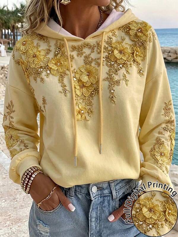 Trelyra Autumn Sweatshirt With Hood, Casual Yellow Printed Graphic Sweatshirt With Drawstring Decor Back To School