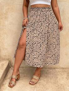 SHEIN Frenchy Plus Size Tropical Split Floral Printed Women's Skirt Fall - Khaki - View 4