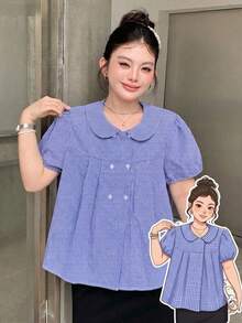 Dazy Plus 格紋彼得領休閒韓系學院風短袖大尺碼女款春夏藍色襯衫 - 藍色 - 查看 1
