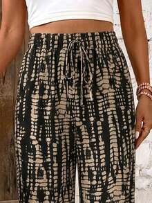 SHEIN PETITE CURVE Plus Size Women's Casual Drawstring Waist Colorblock Wide Leg Pants - Multicolor - View 8