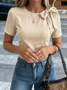 SHEIN Raffinéa Elegant French Beige Satin Blouse With Contrast Bow Puff Sleeves, Office Tea Party Wear Short Sleeve Top For Women, Chic Business Casual Shirt Summer - Apricot - View 5