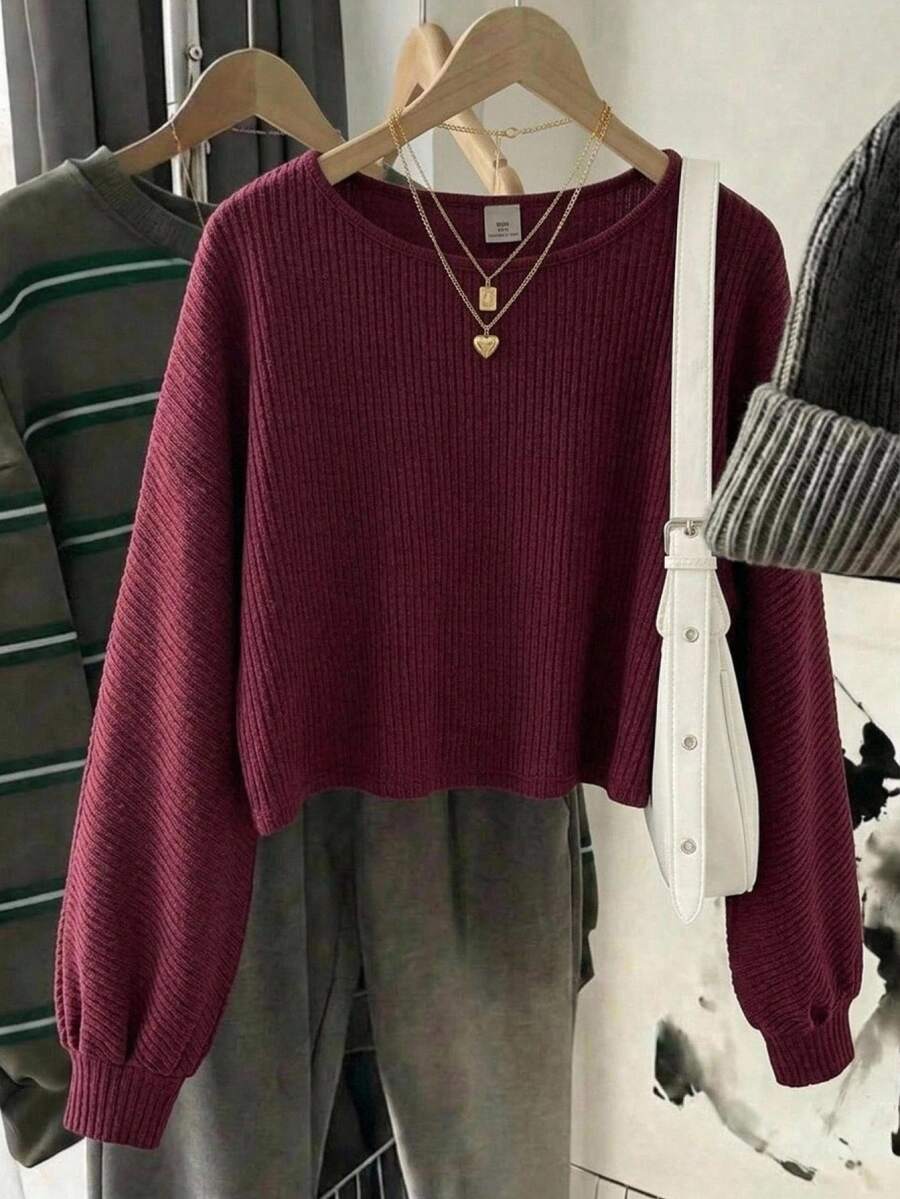 SHEIN 青少年女孩寬鬆復古休閒可愛端莊短版羅紋圓領長袖T恤 開學季校園風 酒紅色 秋季 - 酒紅色 - 查看 1